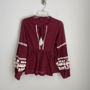 Anthropologie Vineet Bahl Burgundy Nisha Pom Pom Peasant Top